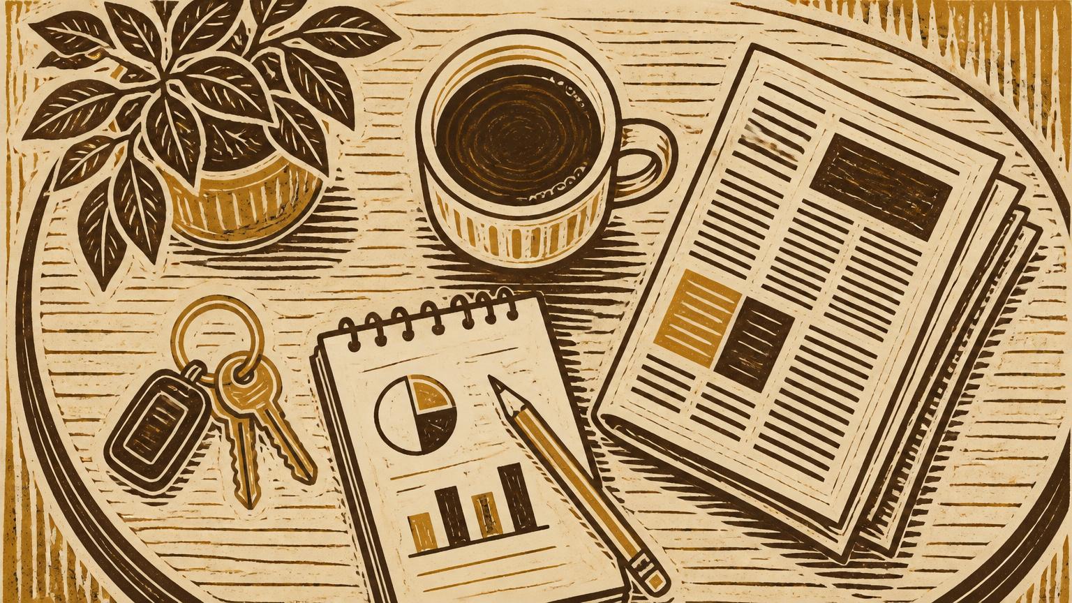 Linocut illustration of a kitchen table with coffee, house keys and a notepad of figures