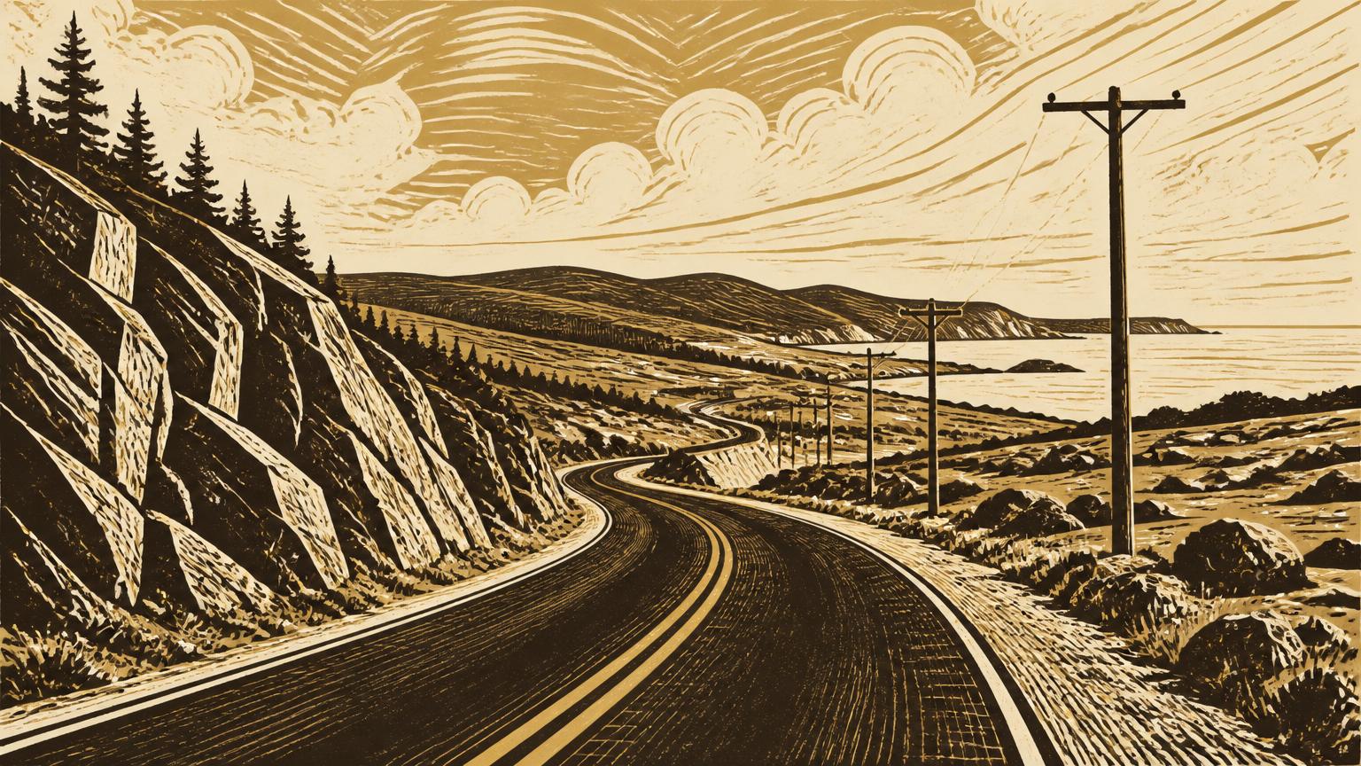 Linocut illustration of a highway curving through Newfoundland barrens toward the coast