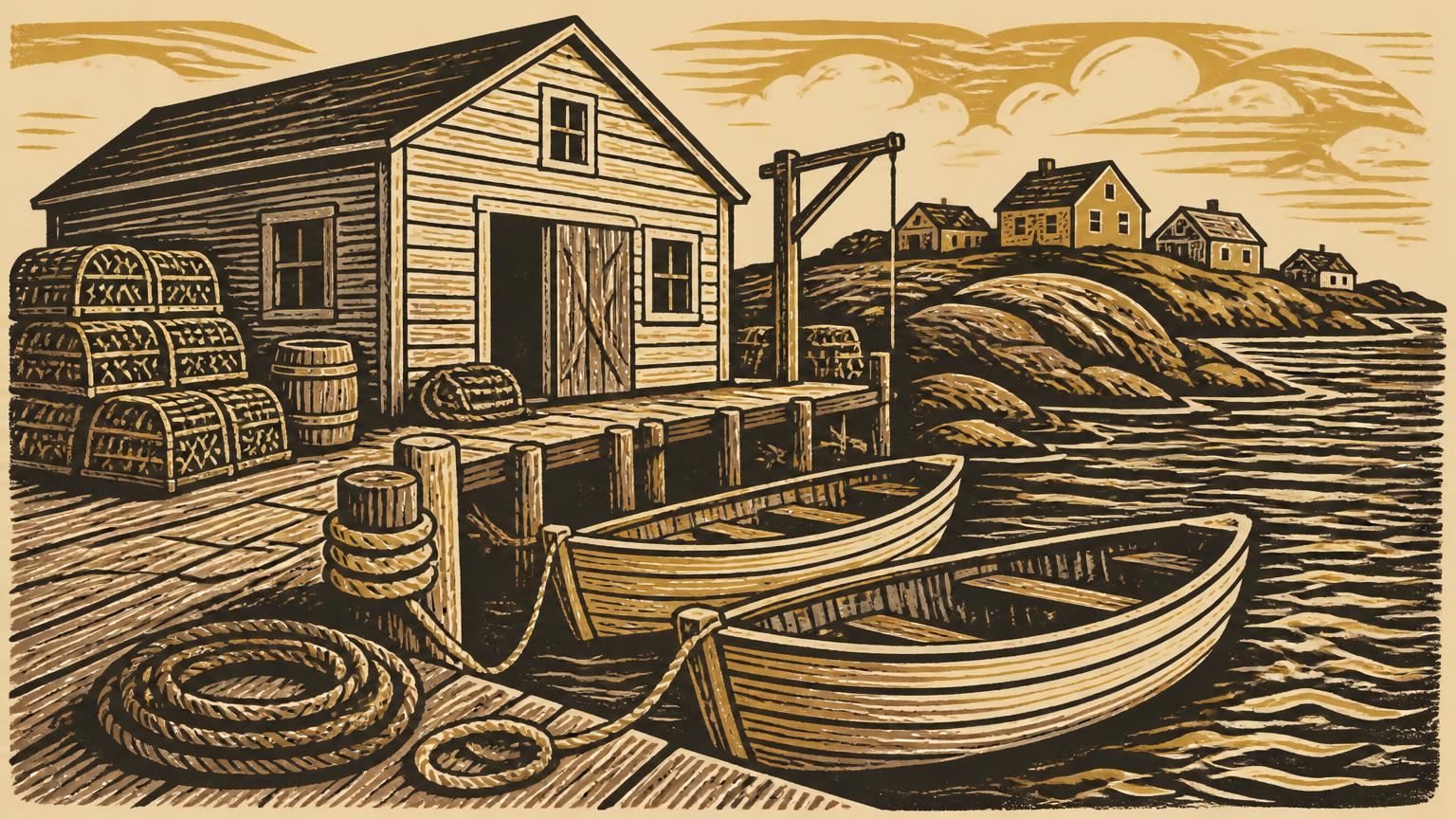 Linocut illustration of an old Newfoundland fishing wharf with dories and lobster traps