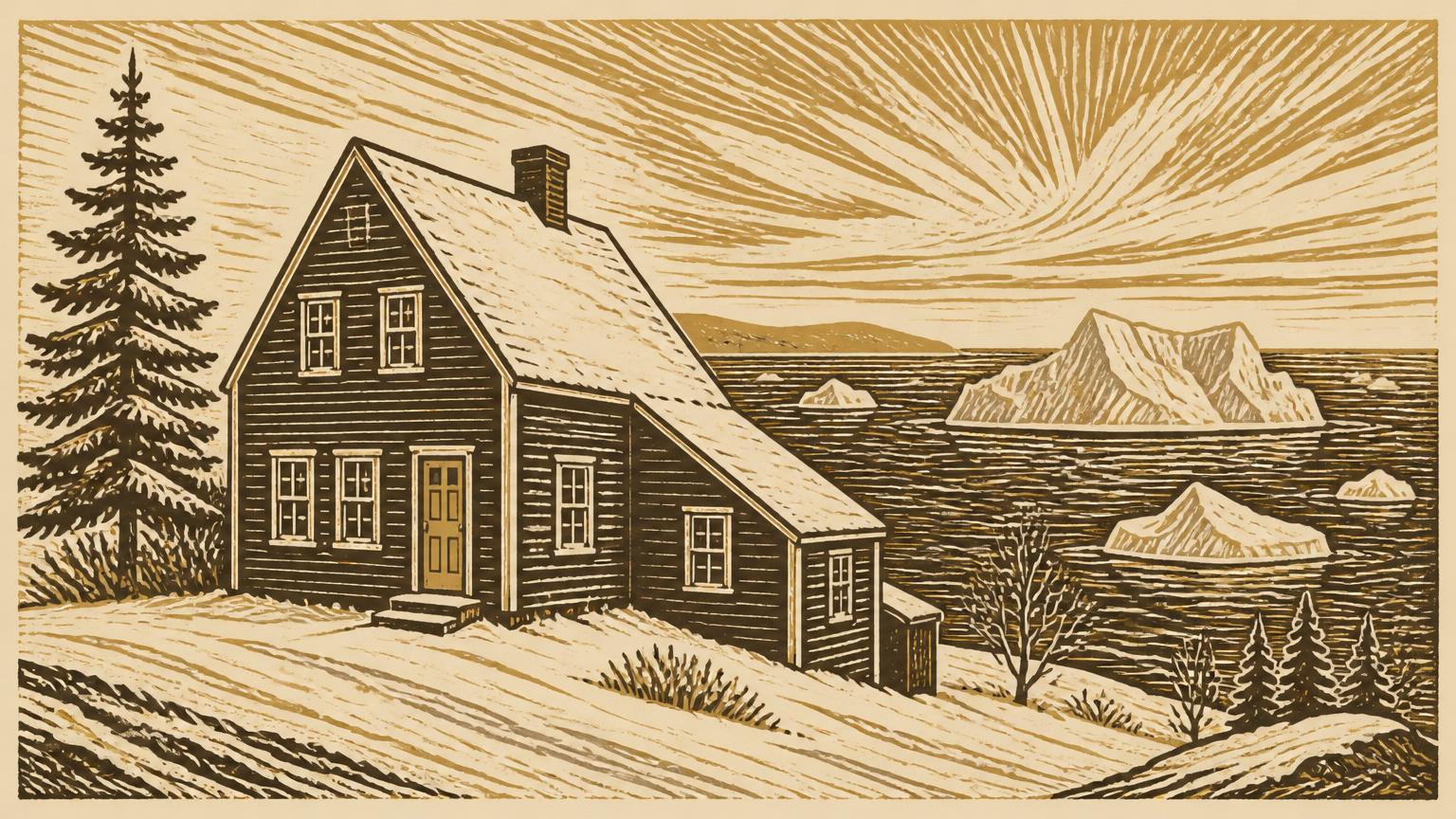 Linocut illustration of a snow-dusted Newfoundland saltbox house with icebergs in the bay