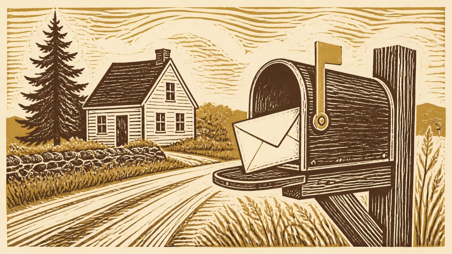 Linocut illustration of a roadside mailbox with a letter, house and spruce behind it