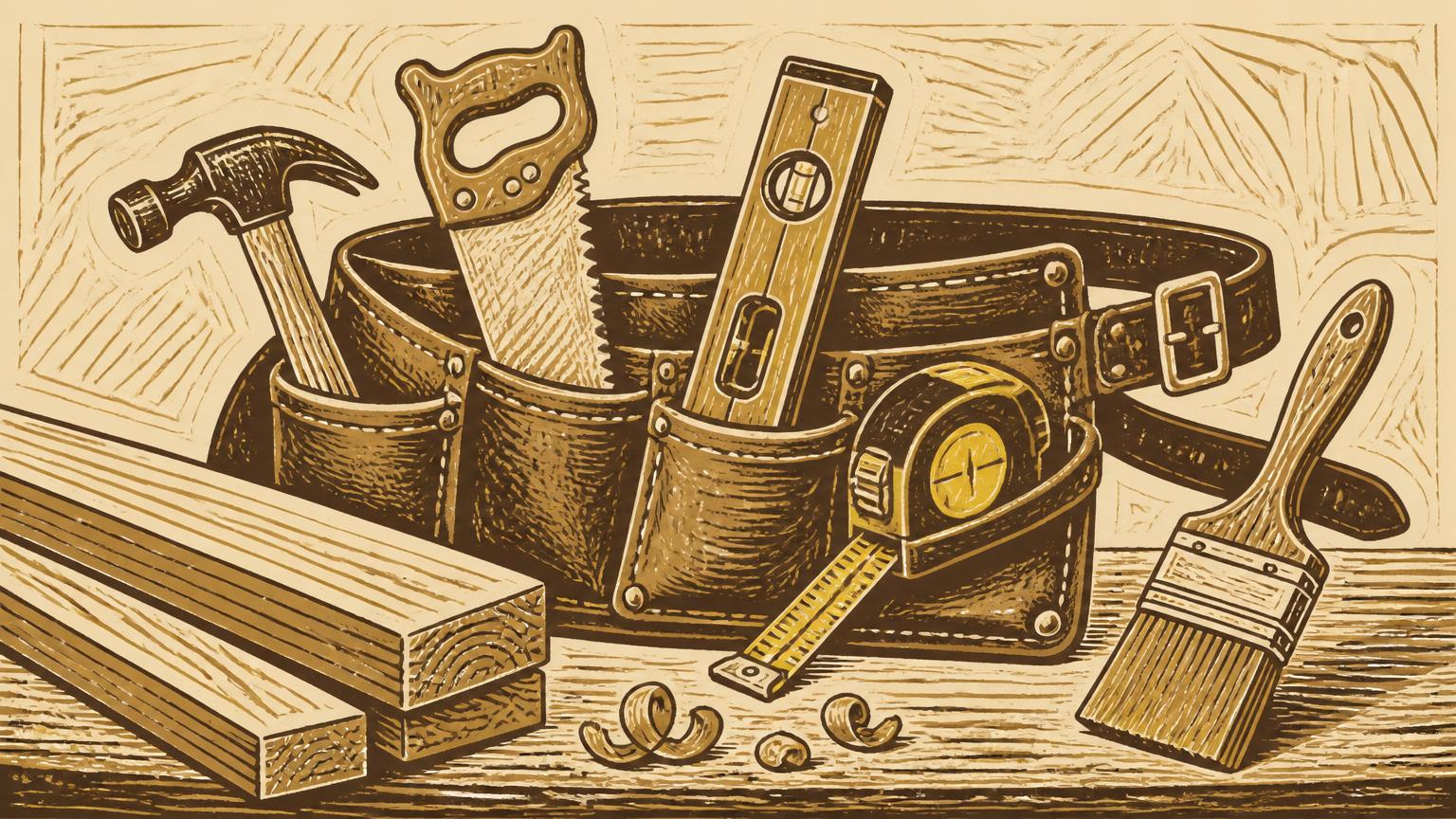 Linocut illustration of a tradesperson's tool belt with hammer, saw, level and paint brush